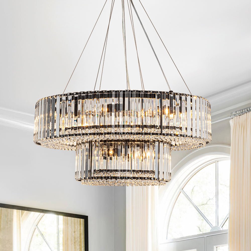 12-Light Tiered Round Drum Crystal Chandelier