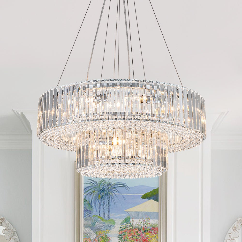 12-Light Tiered Round Drum Crystal Chandelier