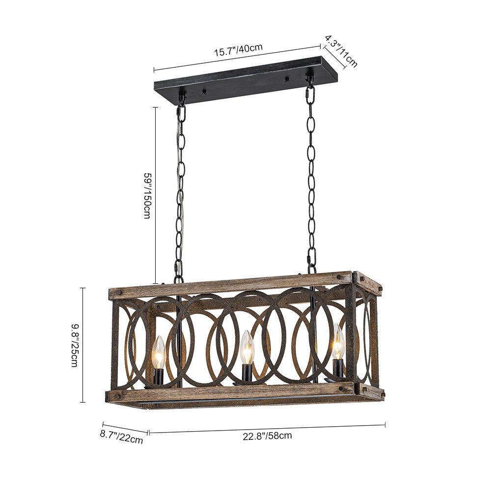 3-Light Rustic Grill Frame Wood Chandelier