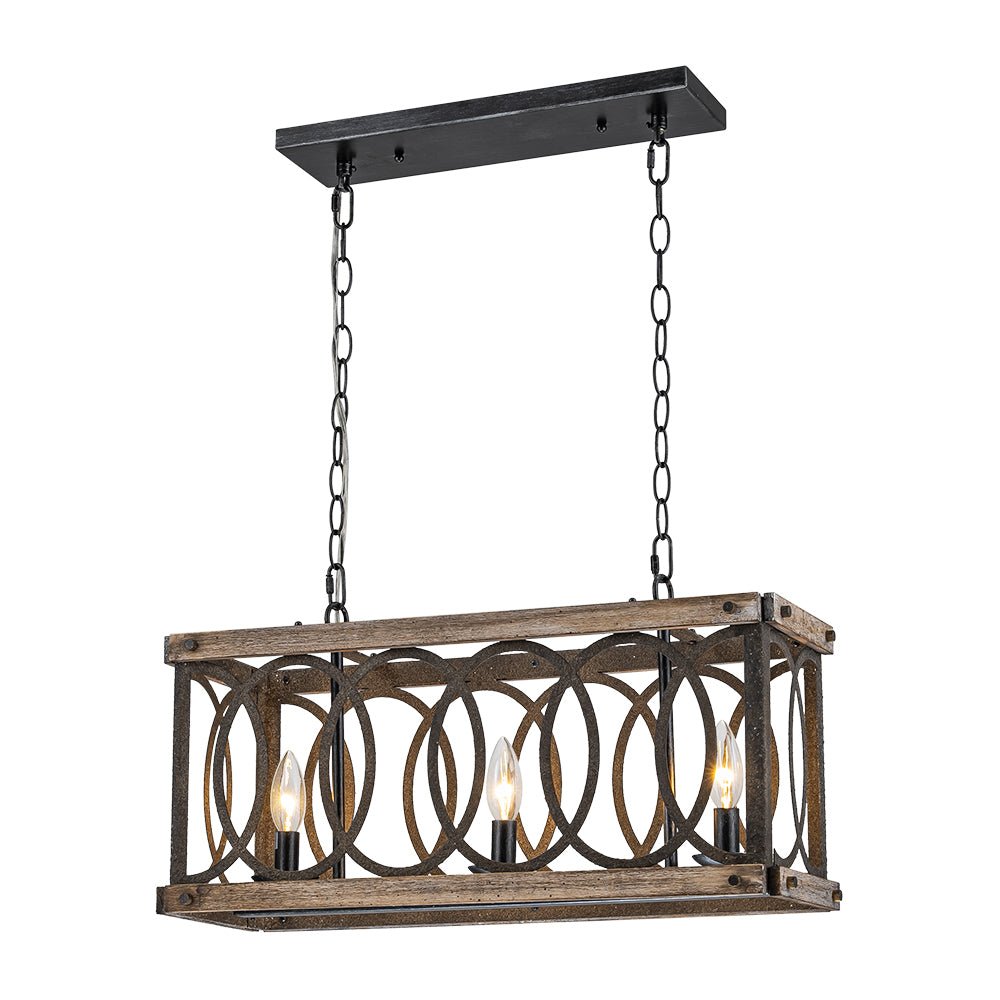 3-Light Rustic Grill Frame Wood Chandelier