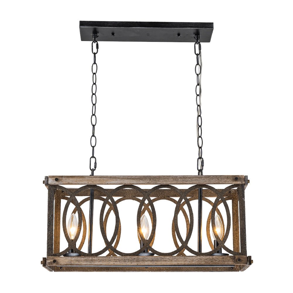 3-Light Rustic Grill Frame Wood Chandelier