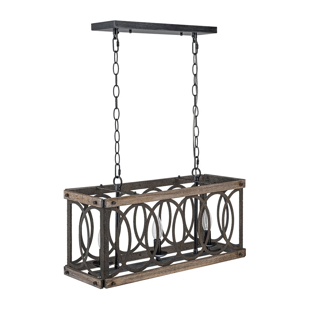 3-Light Rustic Grill Frame Wood Chandelier