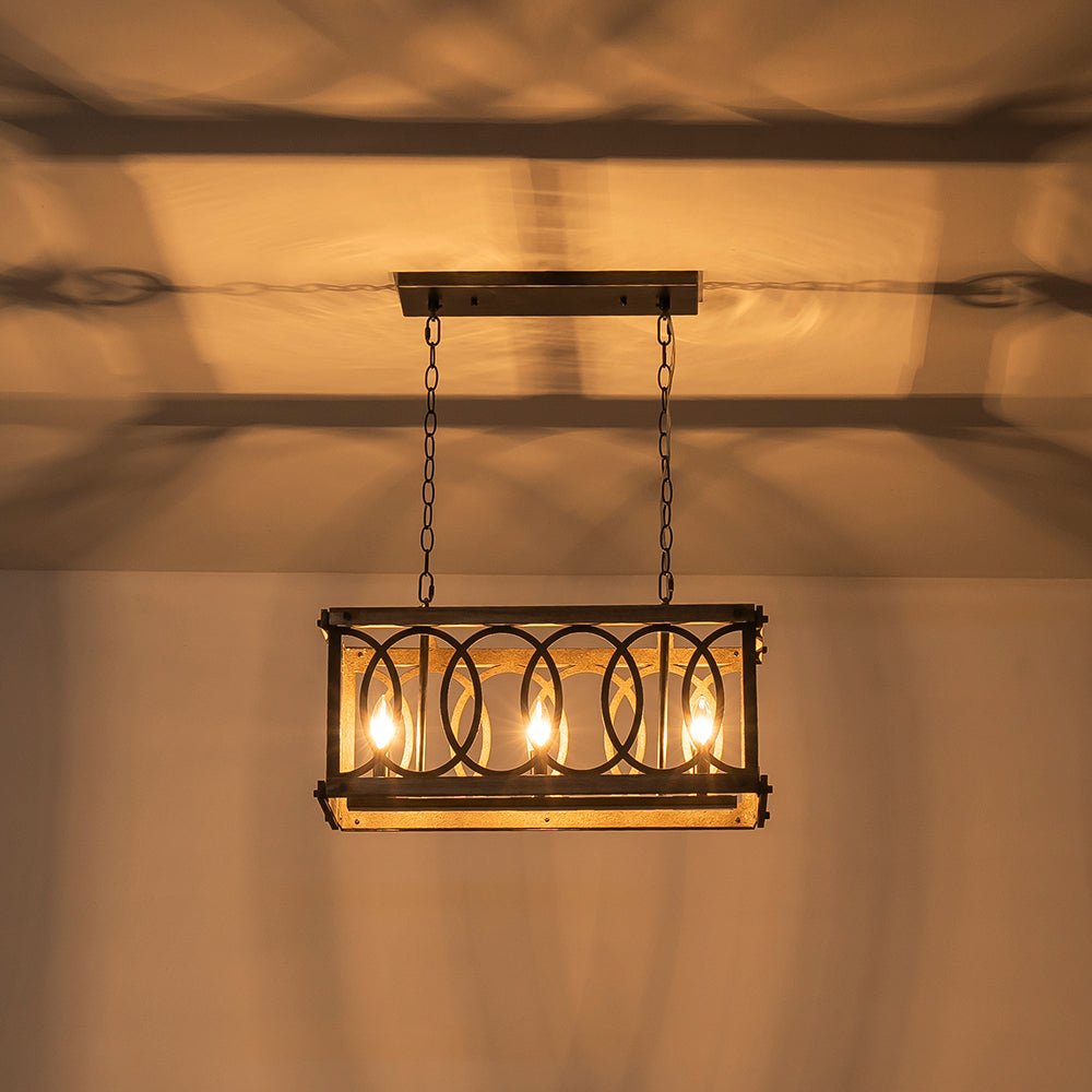 3-Light Rustic Grill Frame Wood Chandelier