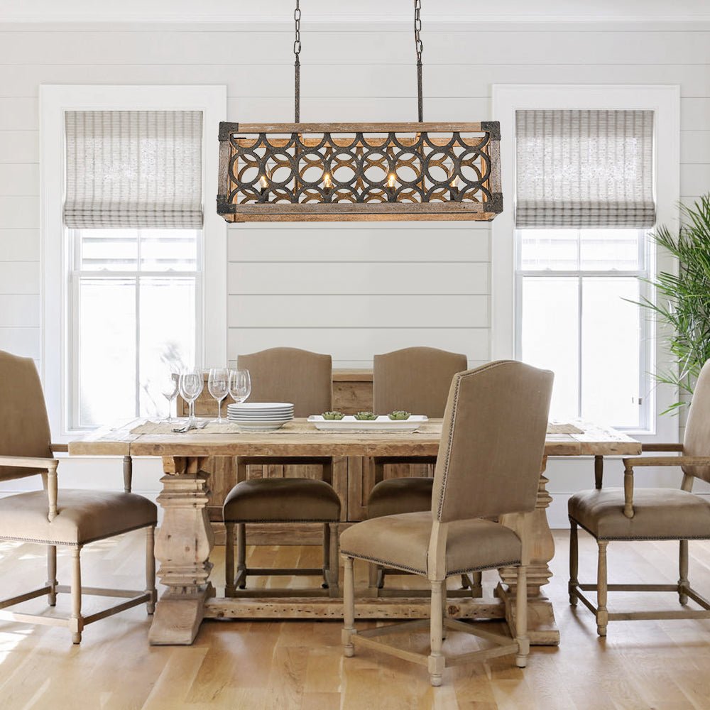 4-Light Grill Frame Wood Rectangular Chandelier