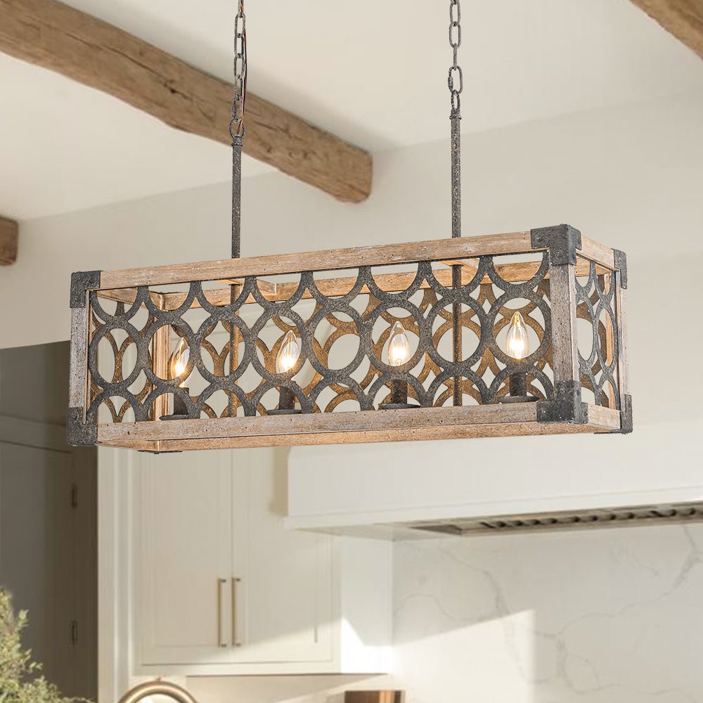4-Light Grill Frame Wood Rectangular Chandelier