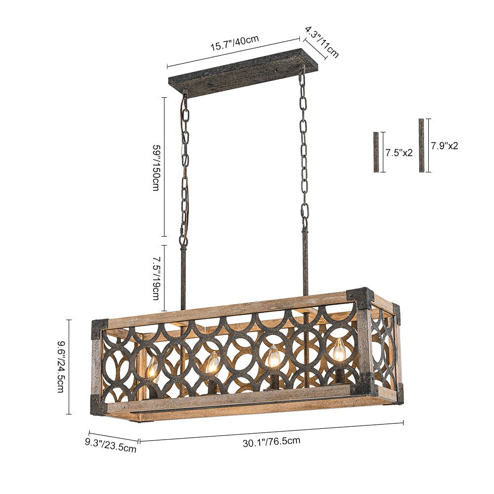 4-Light Grill Frame Wood Rectangular Chandelier