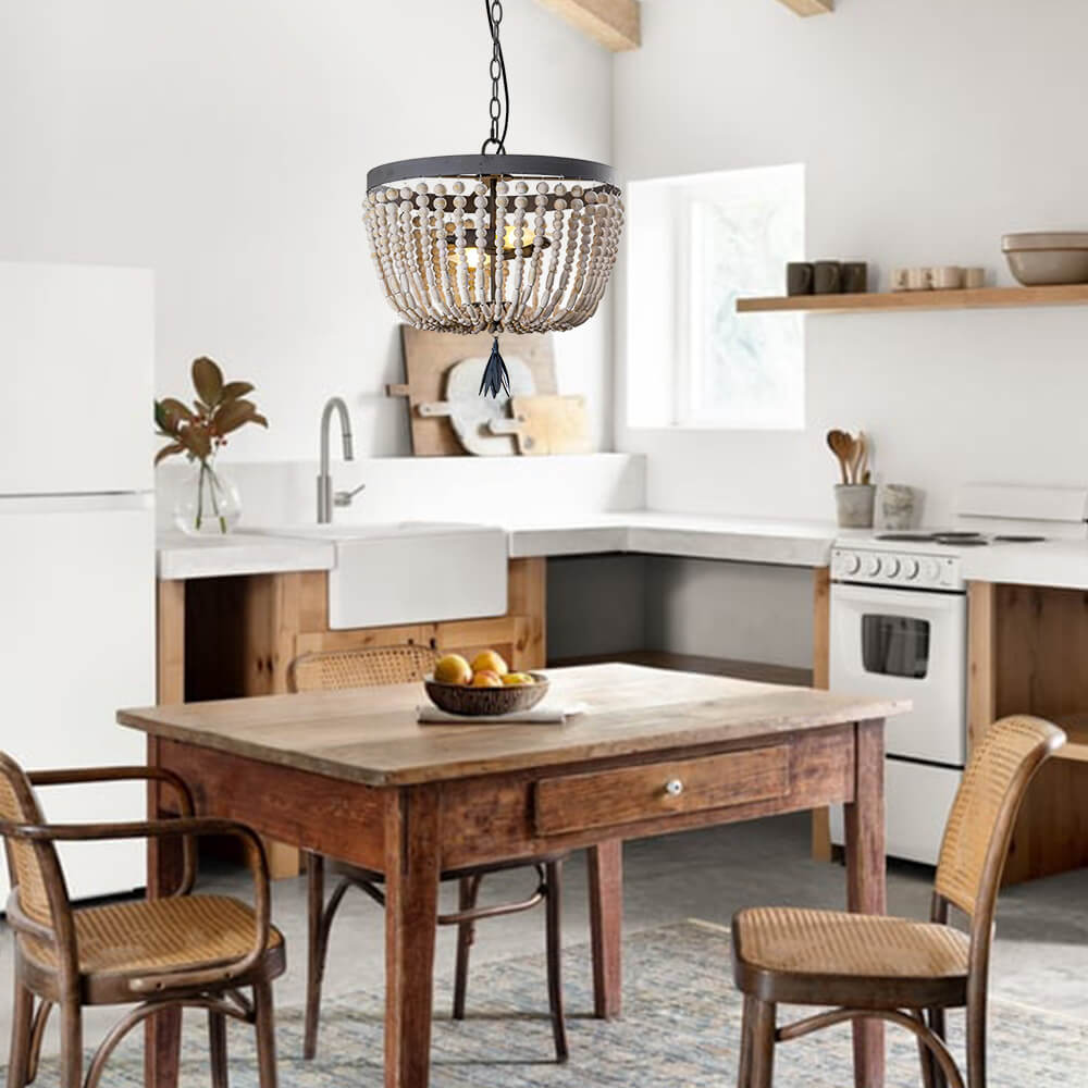 2-Light Wood Bead Farmhouse Chandelier