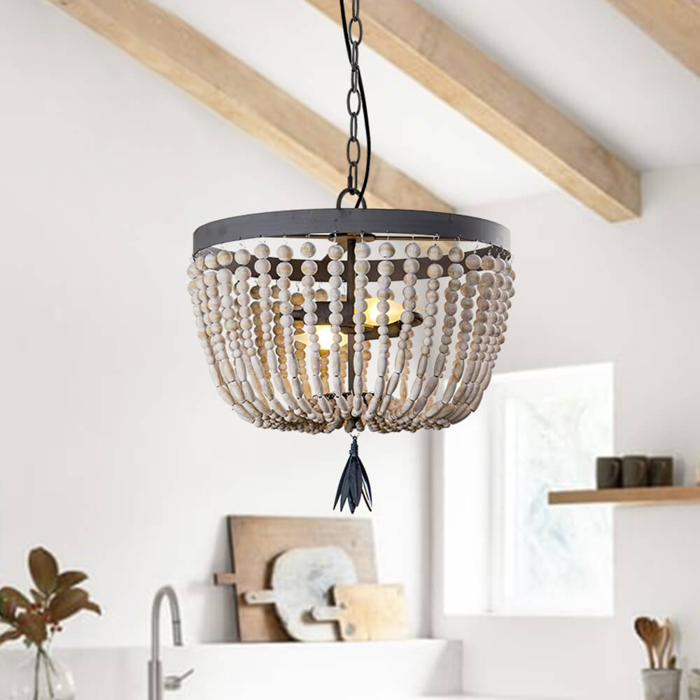 2-Light Wood Bead Farmhouse Chandelier
